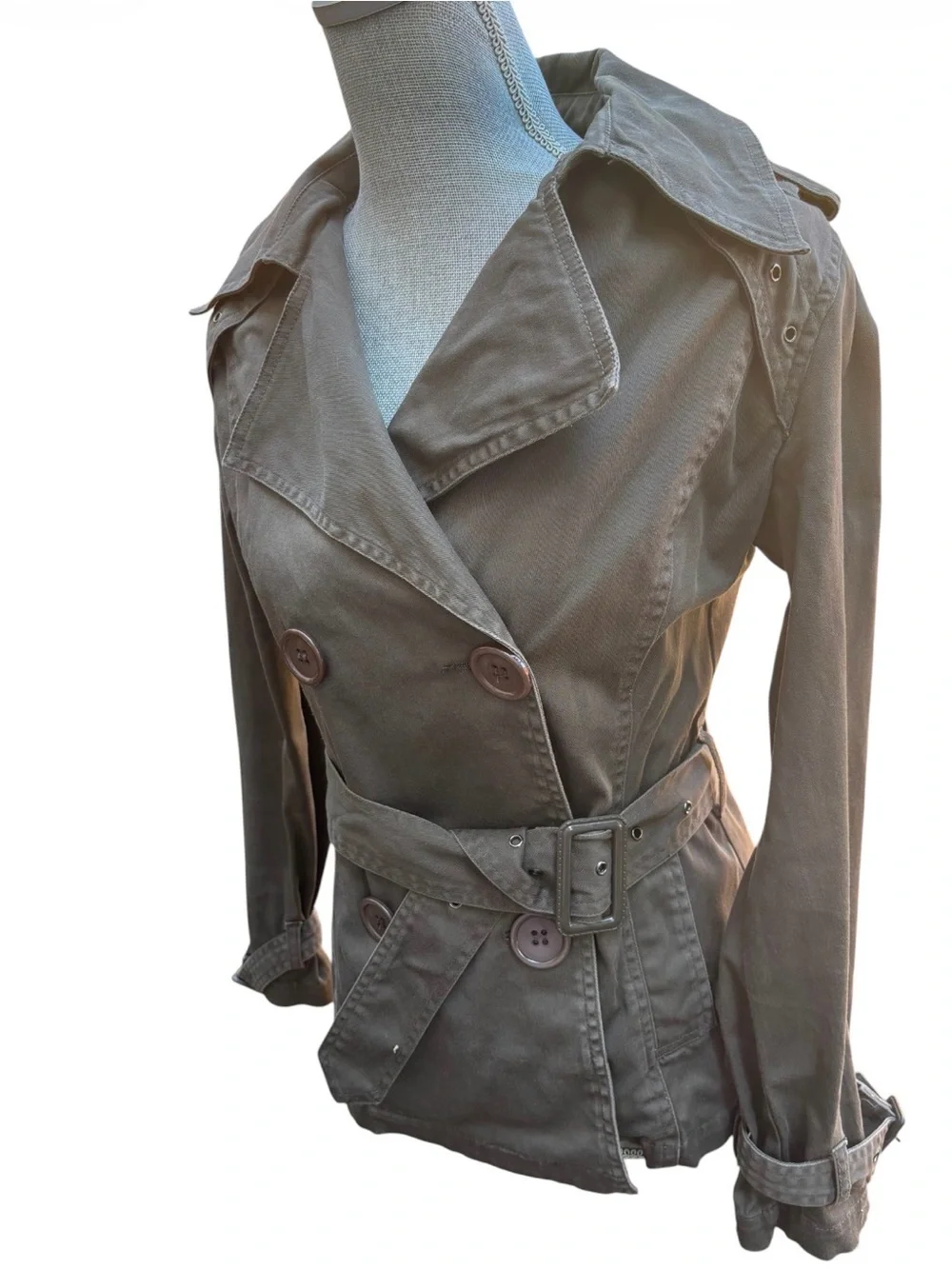 Prisca One Olive Green Cotton Blend Short Trench Coat Utility Grunge Neutral